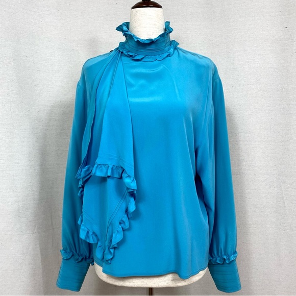 Chloe Vintage Teal Blue Mock Neck Ruffle Blouse - Picture 1 of 10